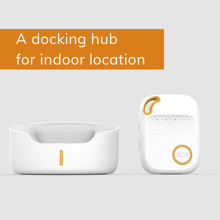White docking hub and matching white personal alarm device with orange accents on a plain light background.