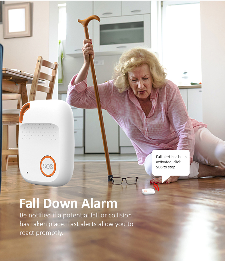 Elderly woman with a cane on the floor reaching for a small white SOS alarm device in a kitchen.