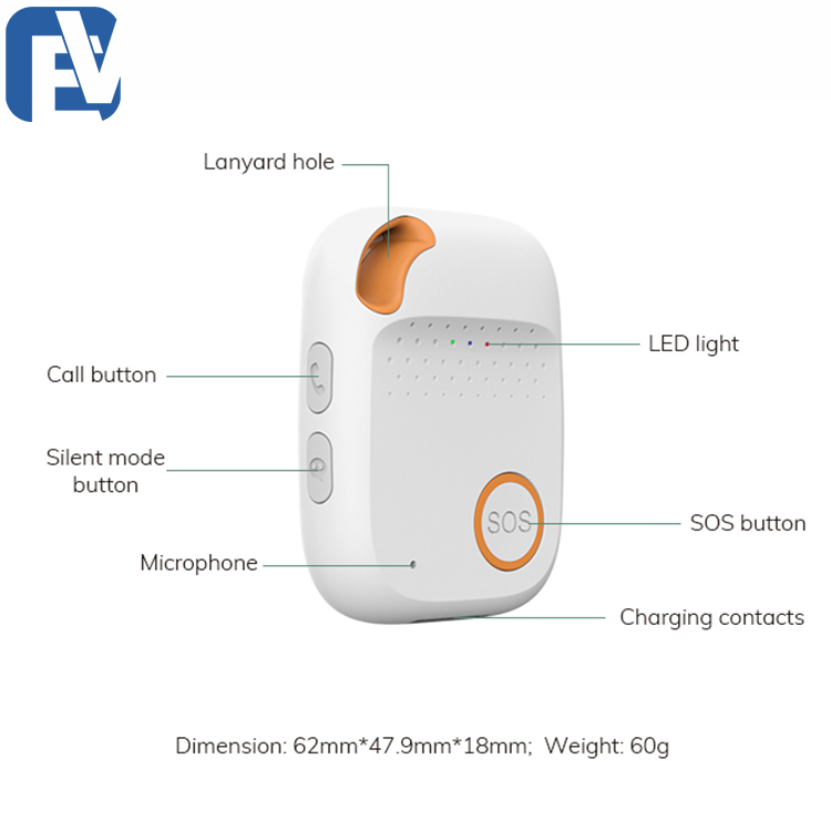 White and orange personal alarm device showing buttons, lanyard hole, LED light, and labelled features.