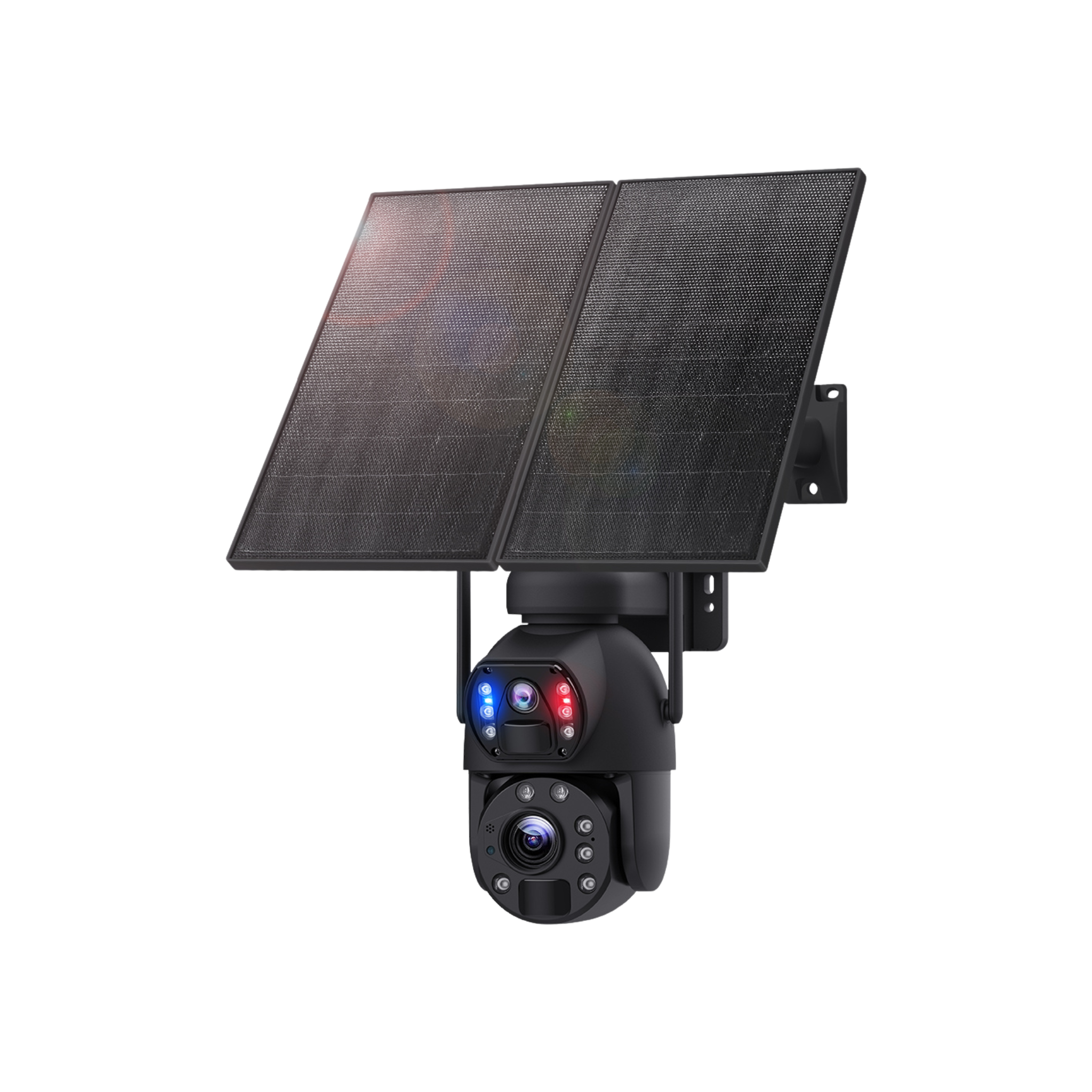 Black security camera with dual lenses and LED lights, mounted below two large rectangular solar panels.