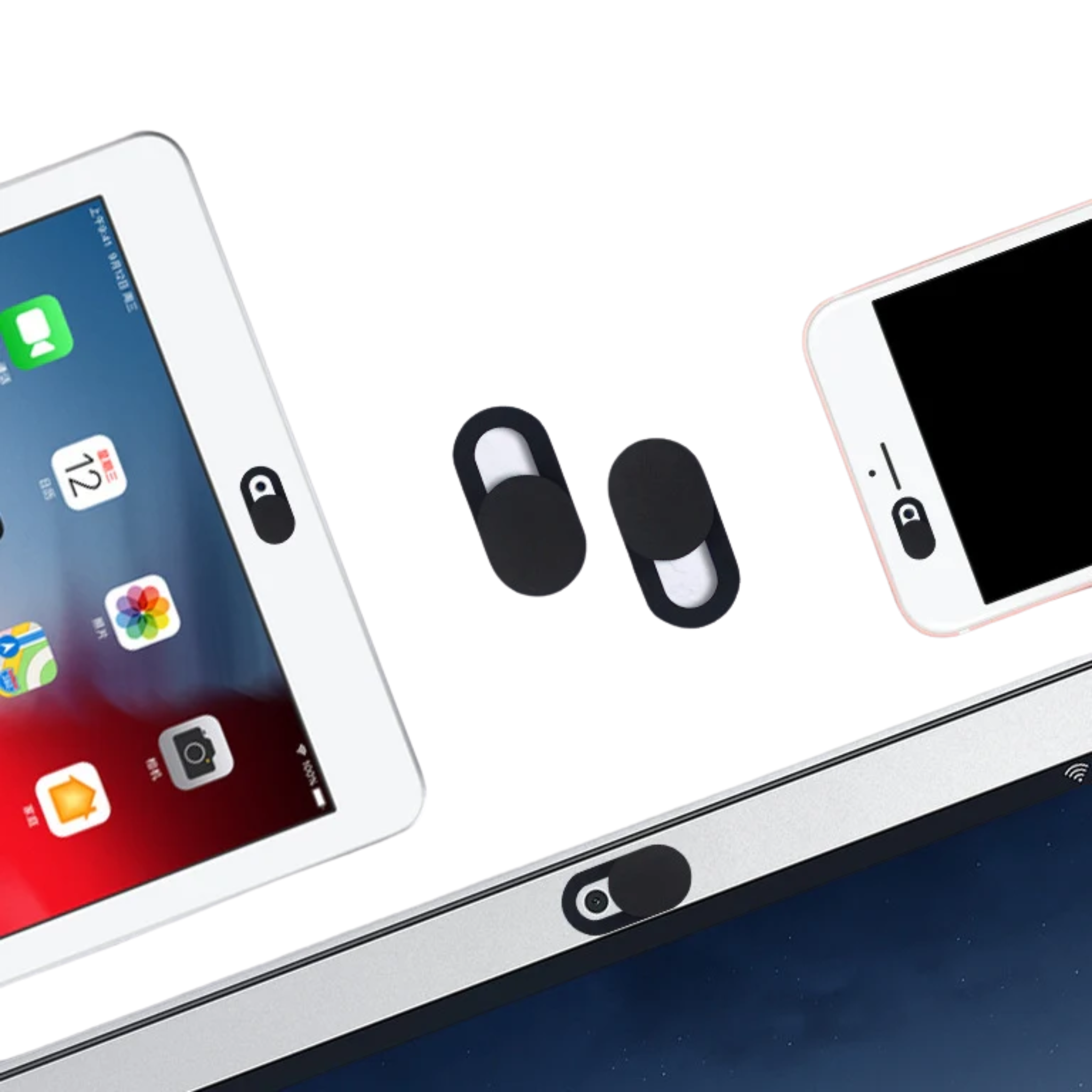 Two black oval webcam covers, one closed and one open, shown on tablet, phone, and laptop cameras.