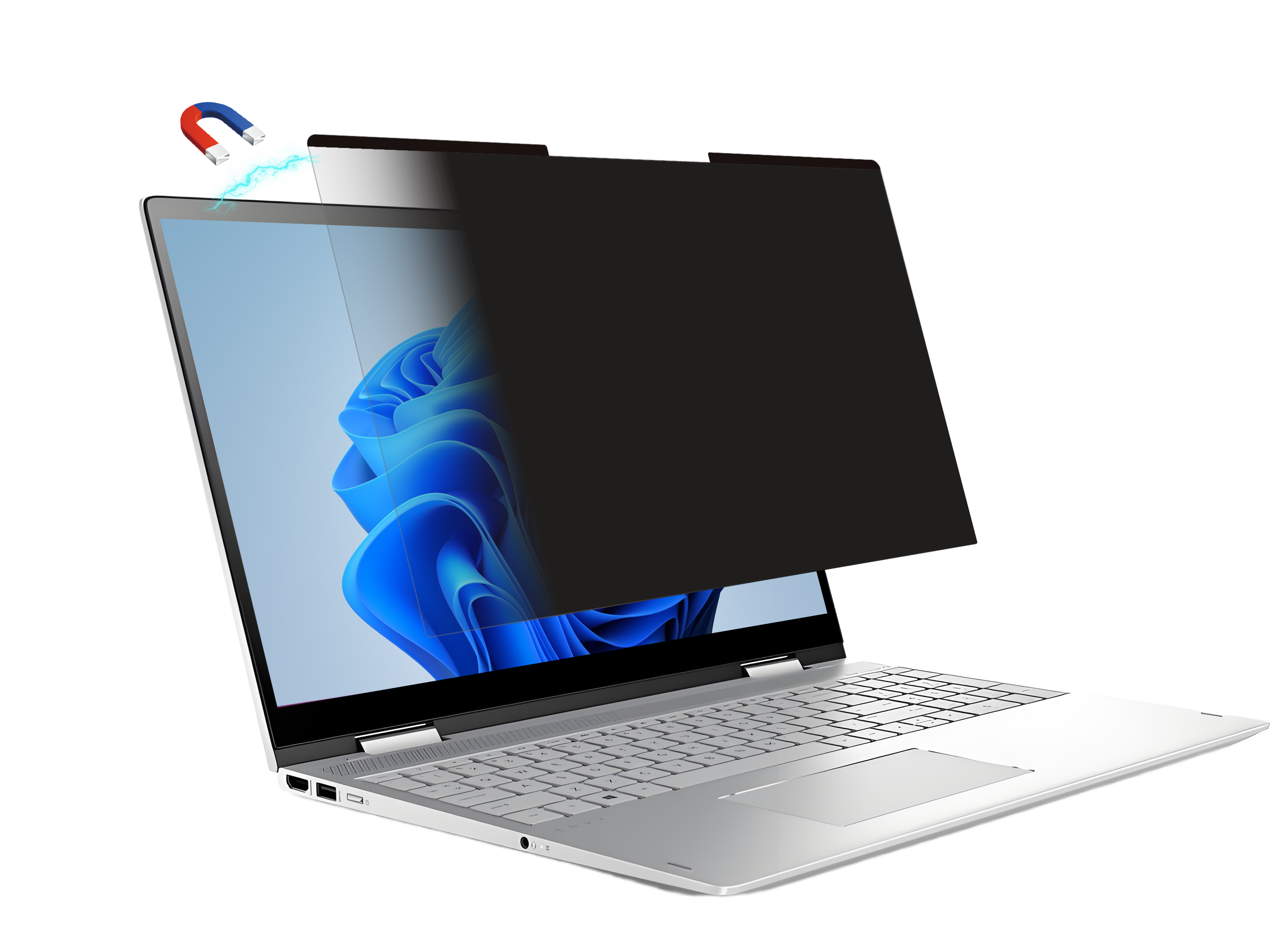 Silver laptop with black magnetic privacy filter applied over the right half of the display, blue wallpaper visible on the left.