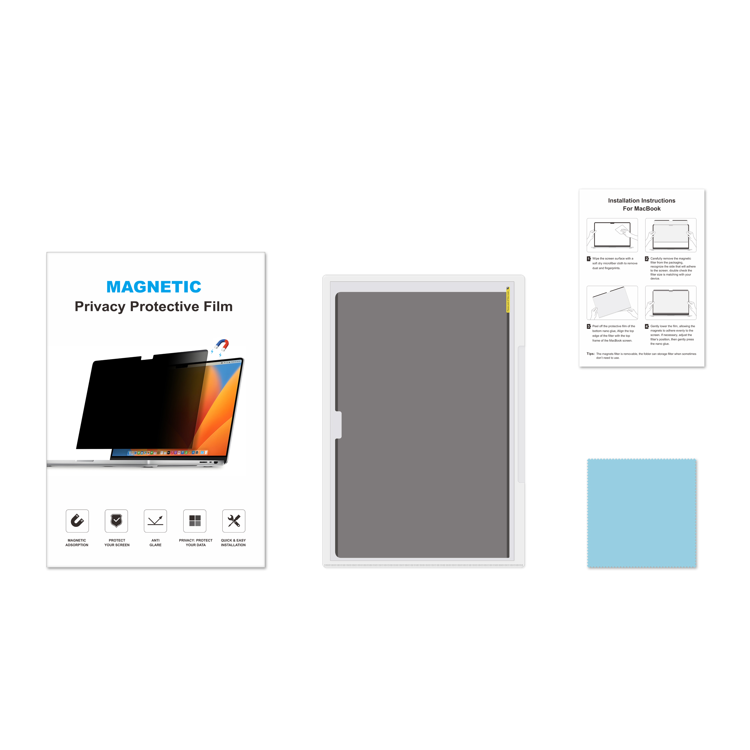 Product kit on white background: one packaged box, one dark grey magnetic privacy film in sleeve, one instruction sheet and one blue microfiber cloth.