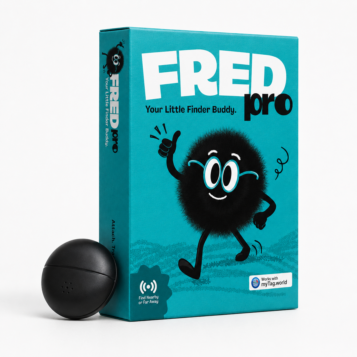 The product packaging for 'Fred pro' smart tracker with its black spherical tracking device in front, set against a clean white background.