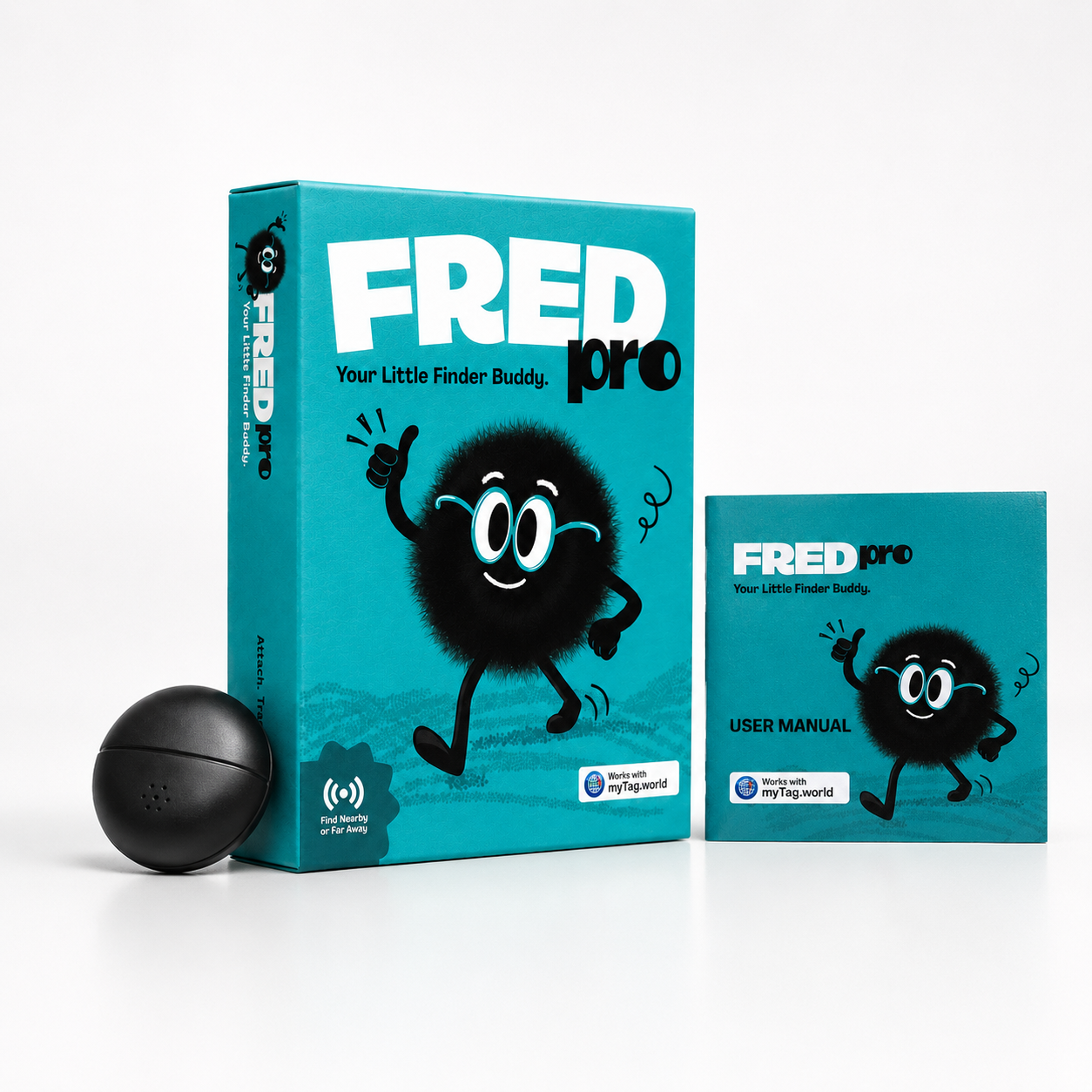 FRED pro tracker set shown with its turquoise retail box, a smaller user manual booklet, and a black spherical tracking device on a clean white studio background.