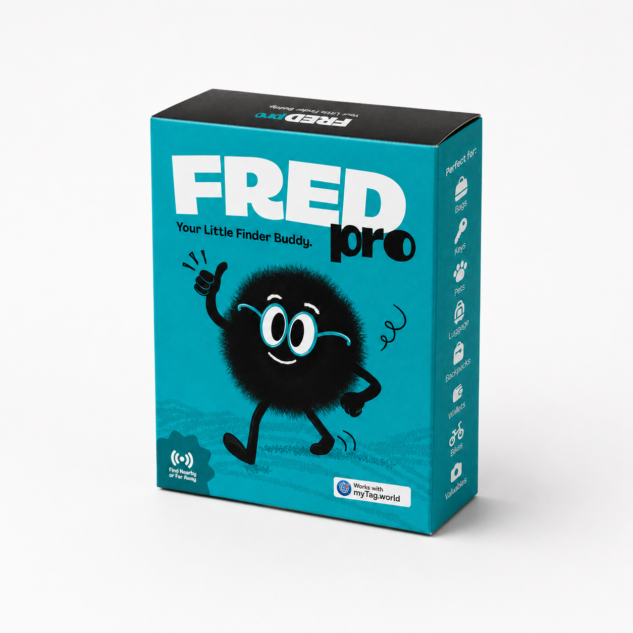 The product packaging box for the 'Fred Pro' smart tracke device, featuring a bright teal background with a black fuzzy cartoon character and bold white text