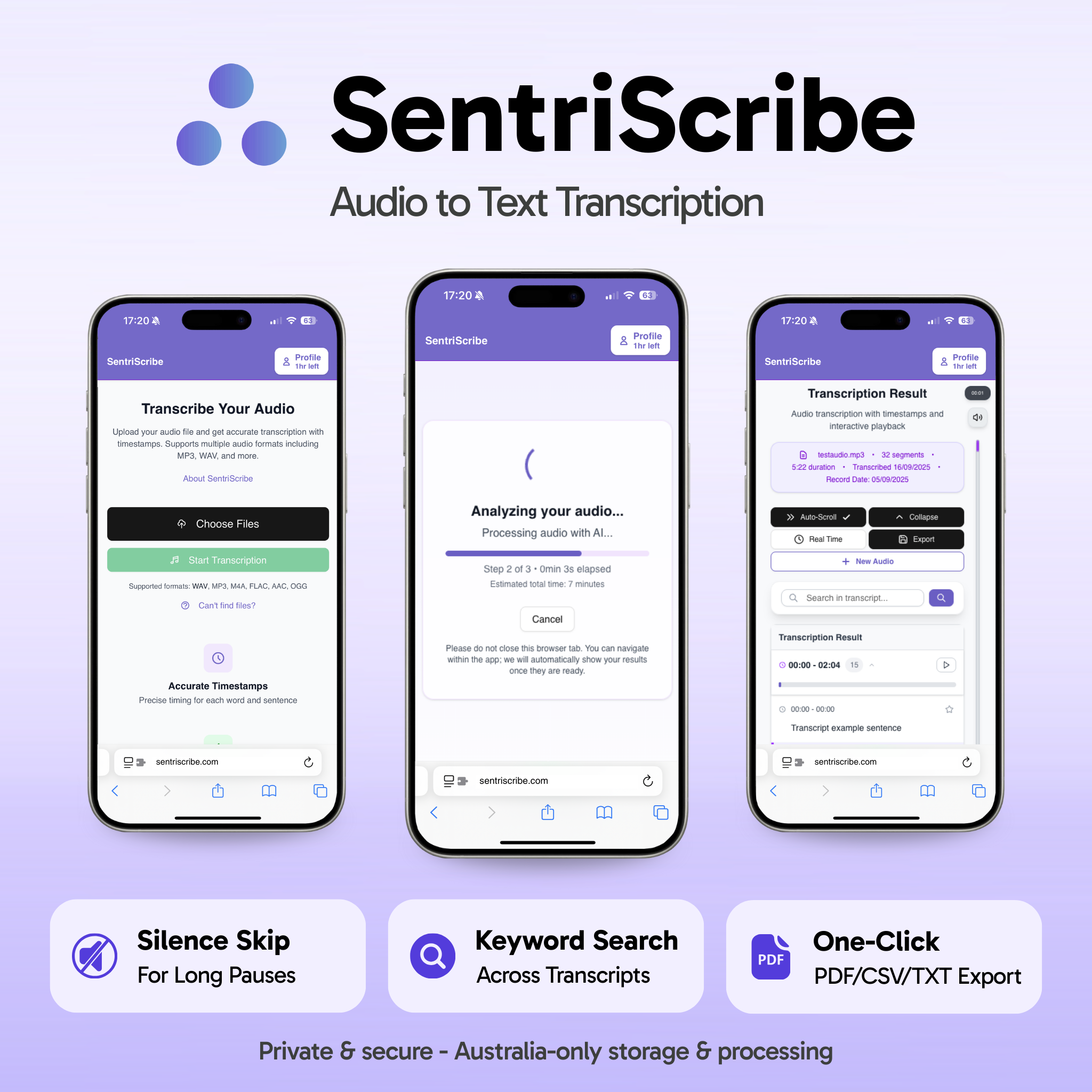 SentriScribe audio to text transcription app interface on three smartphone screens with a purple background.