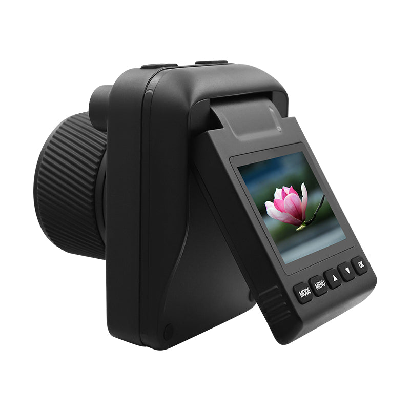 Black digital camera with flip-out LCD screen displaying a pink flower, showing side buttons.
