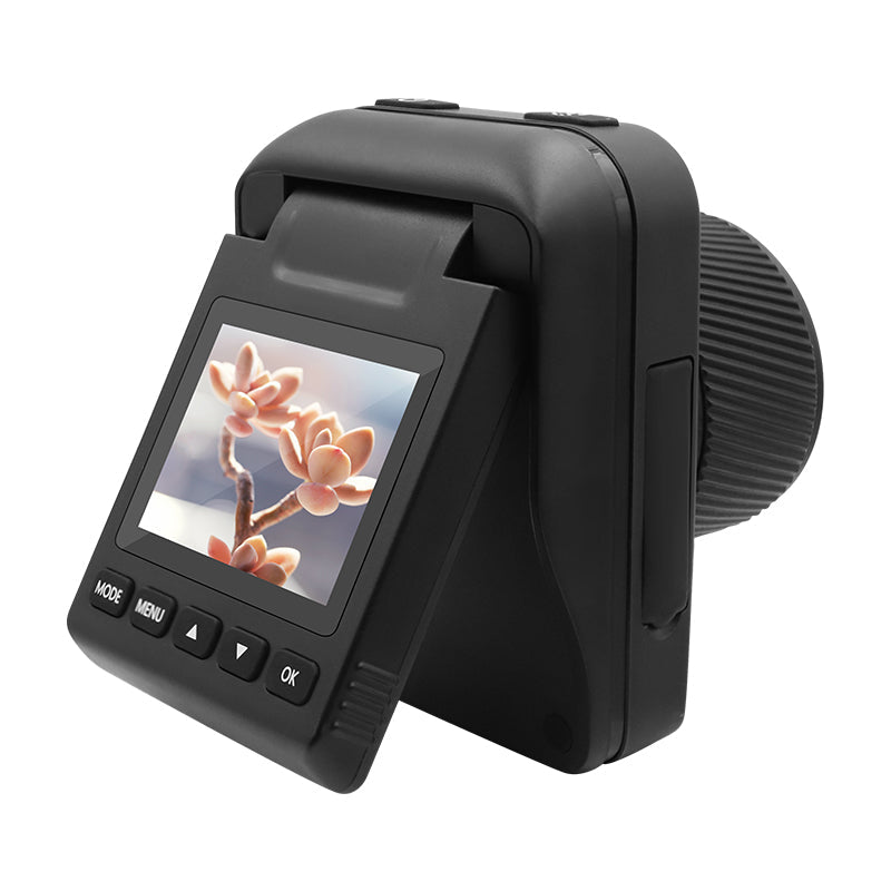 Black time lapse camera with a flip-out rear LCD screen displaying a flower image, angled view.