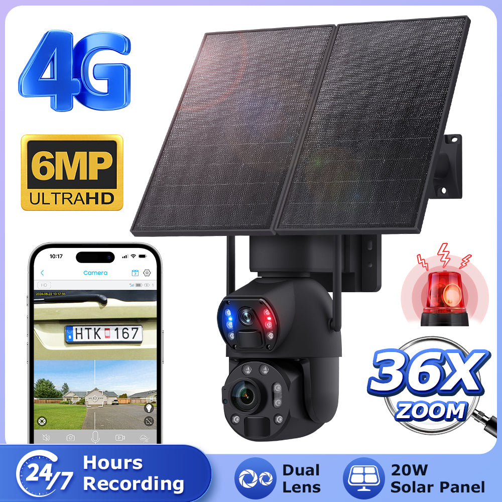 Black dual-lens solar security camera with two large solar panels, shown next to a smartphone displaying footage.