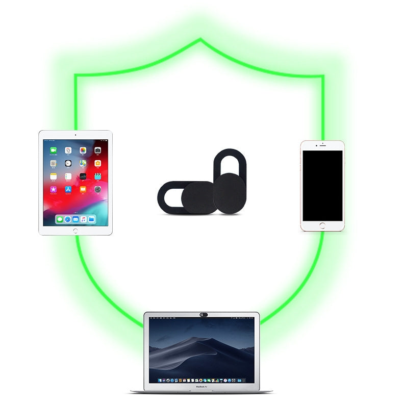 Two black oval webcam covers with sliding design shown above a laptop, tablet, and smartphone on white background.