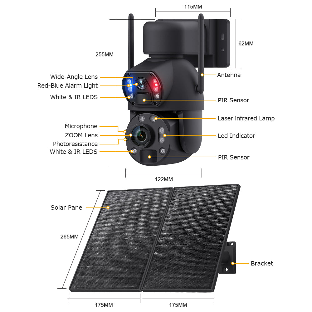 Black dual-lens PTZ security camera with antennas and labelled features, plus a two-panel solar panel with bracket.