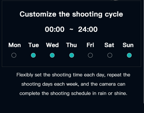 A digital interface showing a weekly shooting schedule with Tuesday, Thursday, and Sunday selected.