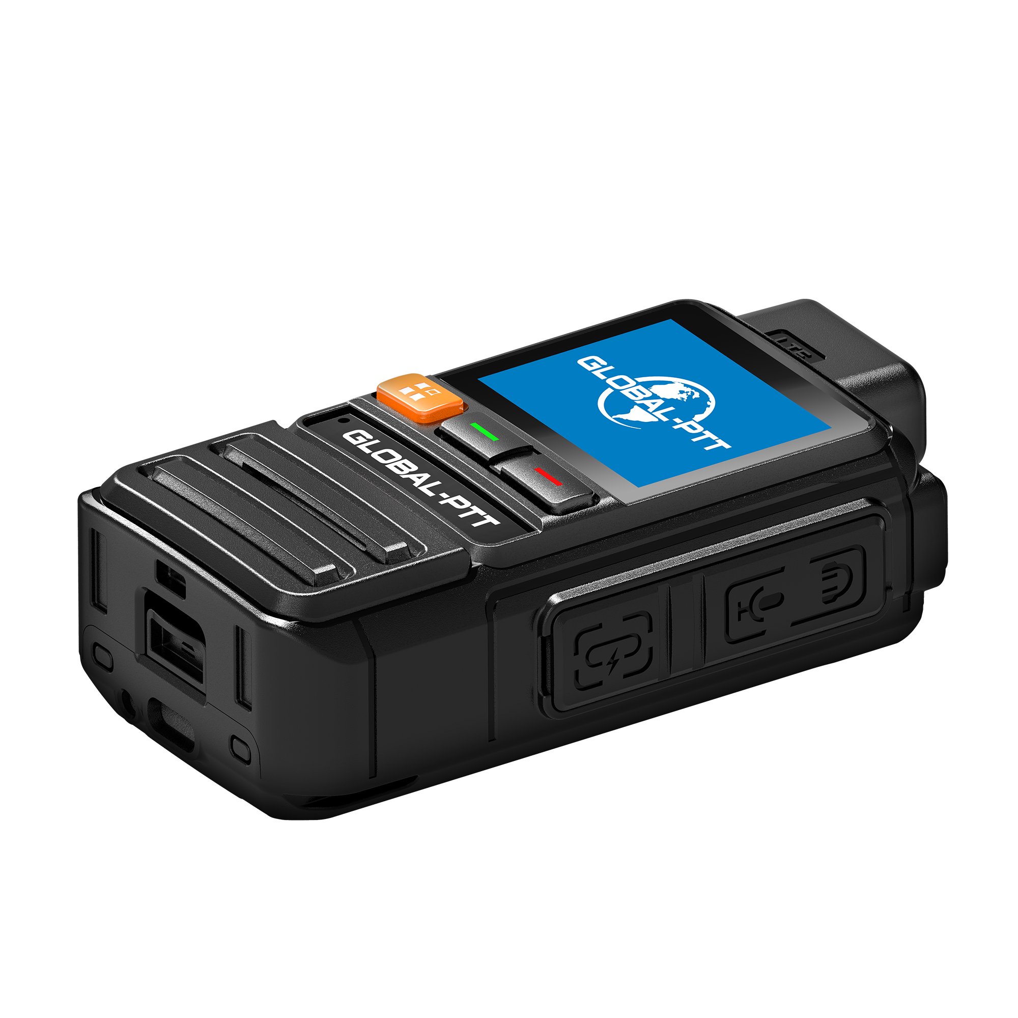 Black compact device with blue GLOBAL-PTT screen, orange button, green/red lights and rubber port covers.