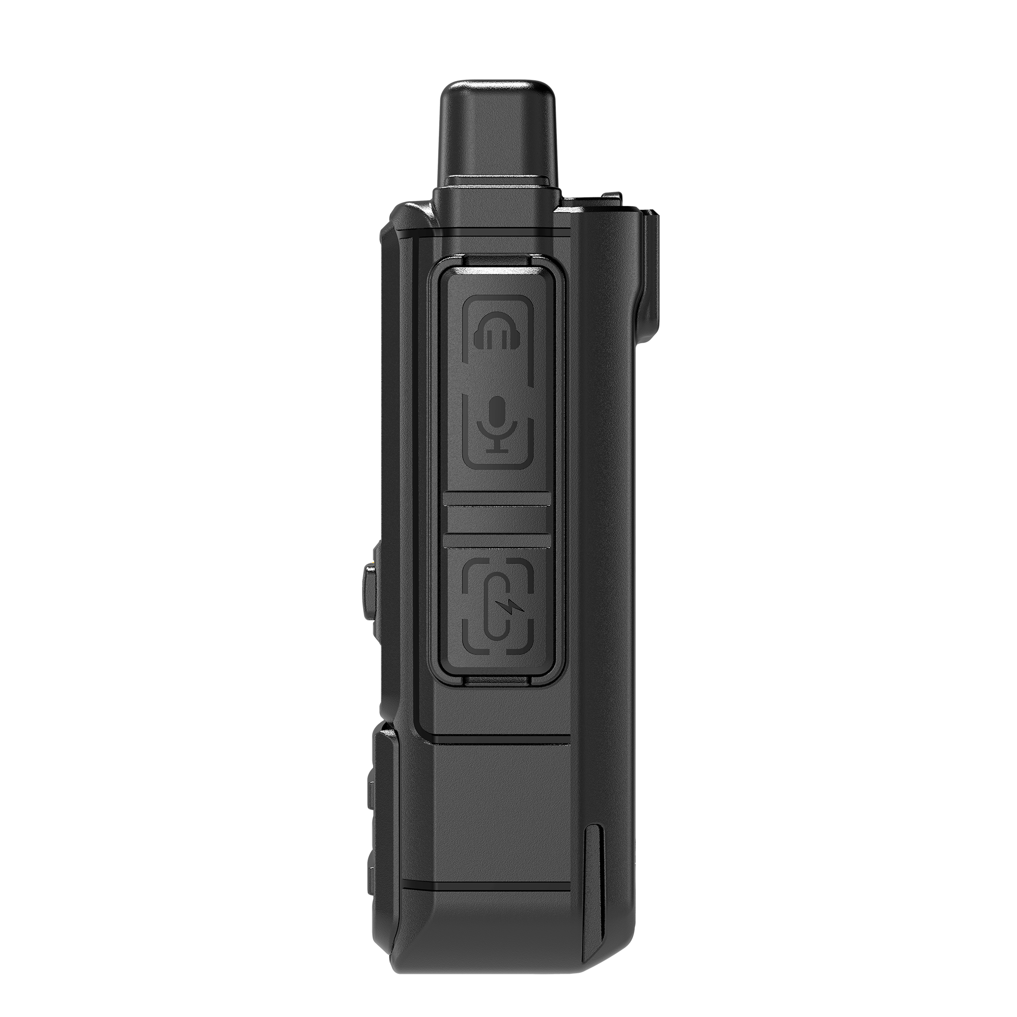 Single black two-way radio, side view with short antenna and three rubber buttons showing headphone, microphone and power icons.