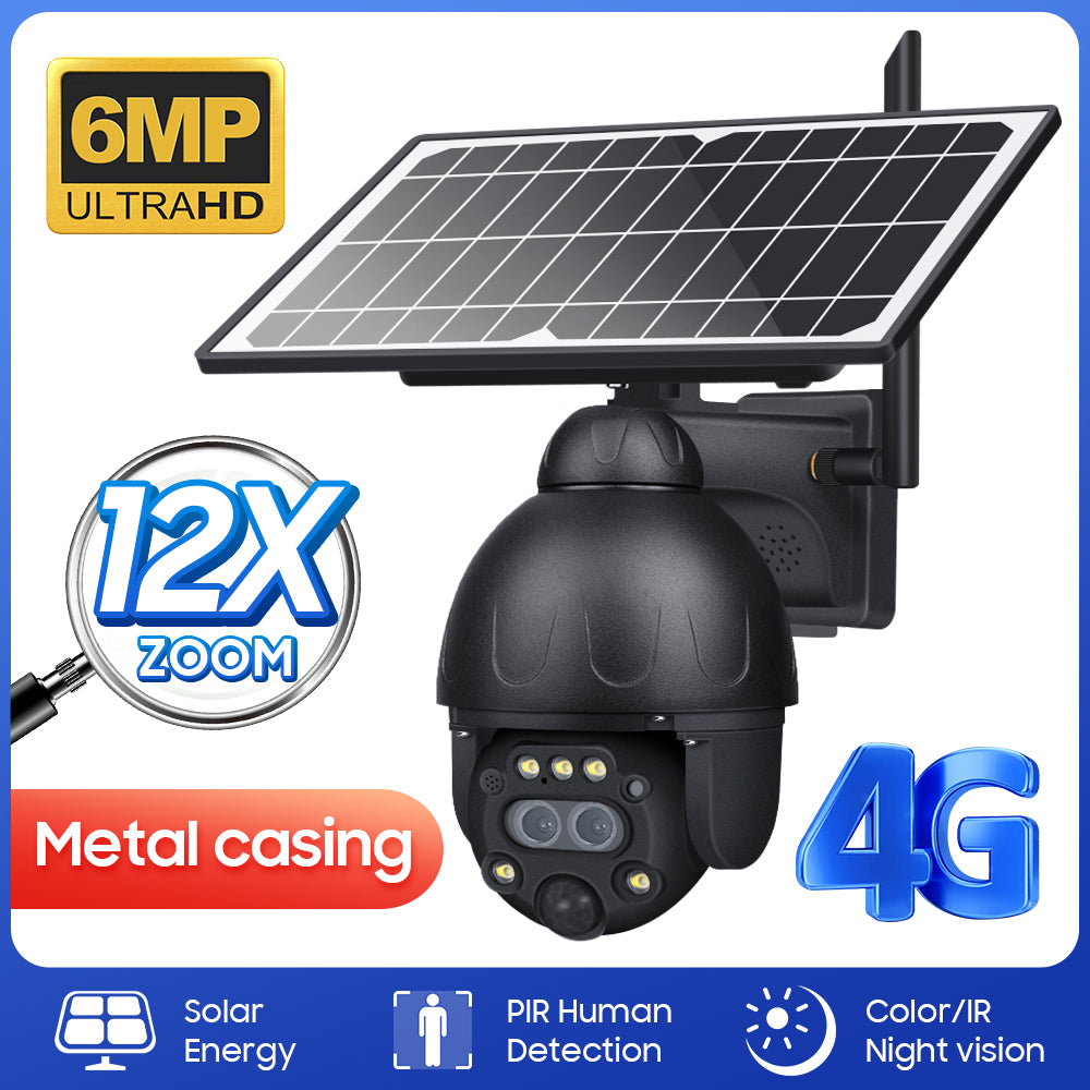Black dome-shaped 4G security camera with attached solar panel, wall mount, six LED lights, and metal casing.