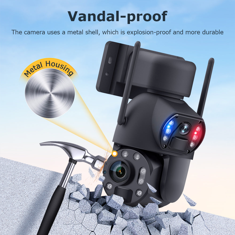 Black dual-lens security camera with antennas and metal housing, being struck by a hammer on a stone surface.