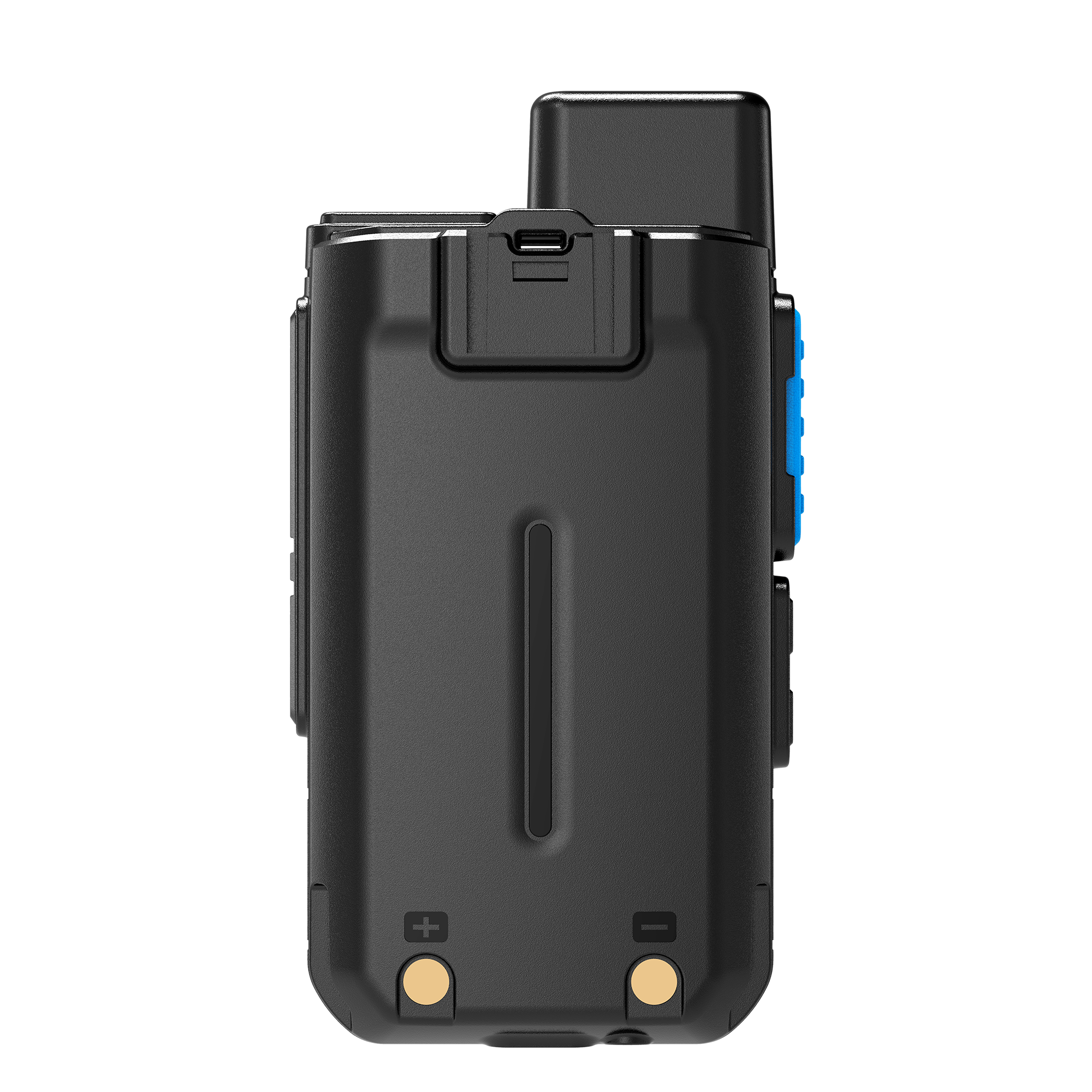 Rear view of one black handheld two-way radio with belt clip, blue side buttons and two gold battery contacts.