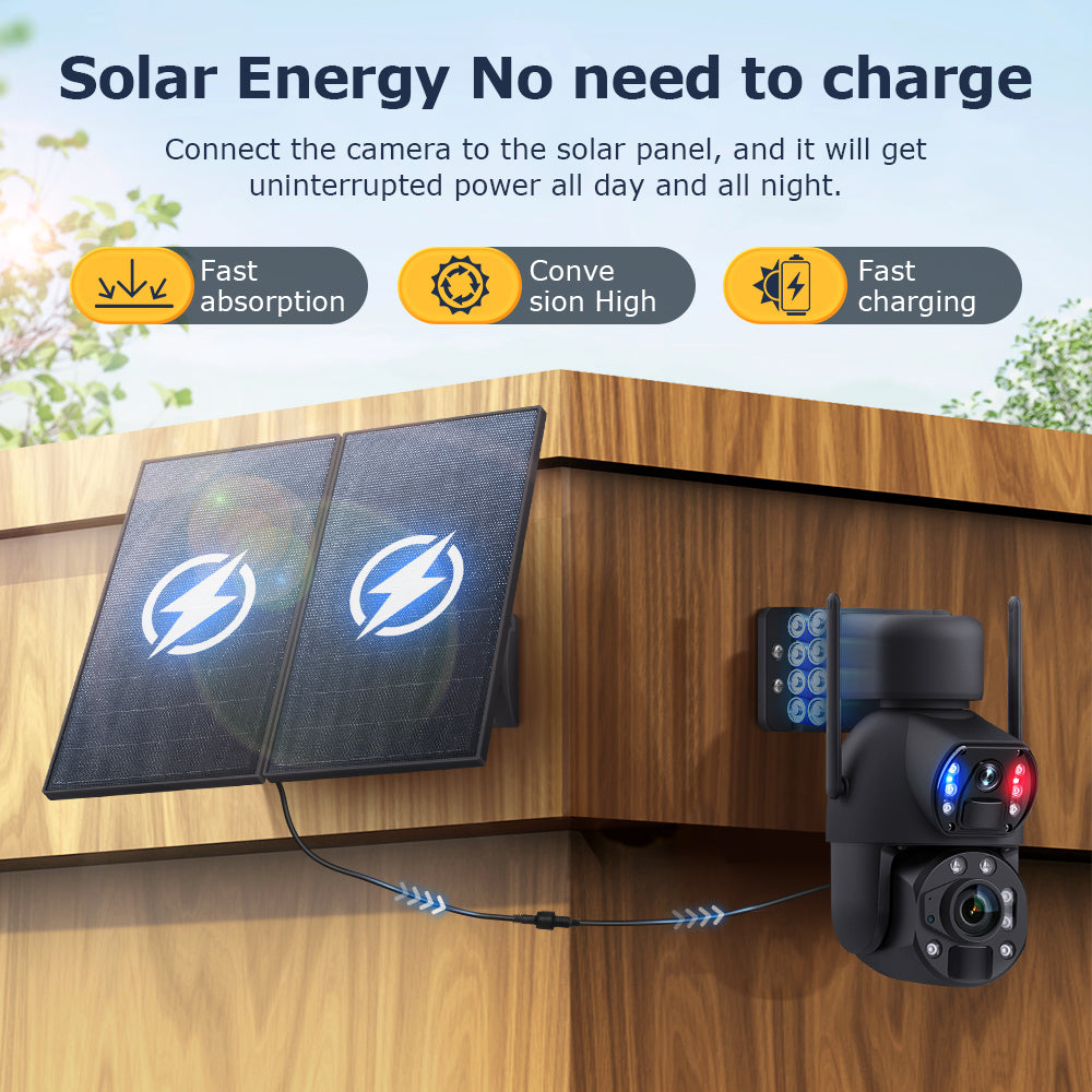 Black security camera with antennas and LED lights, wired to dual solar panels on a wooden outdoor corner.