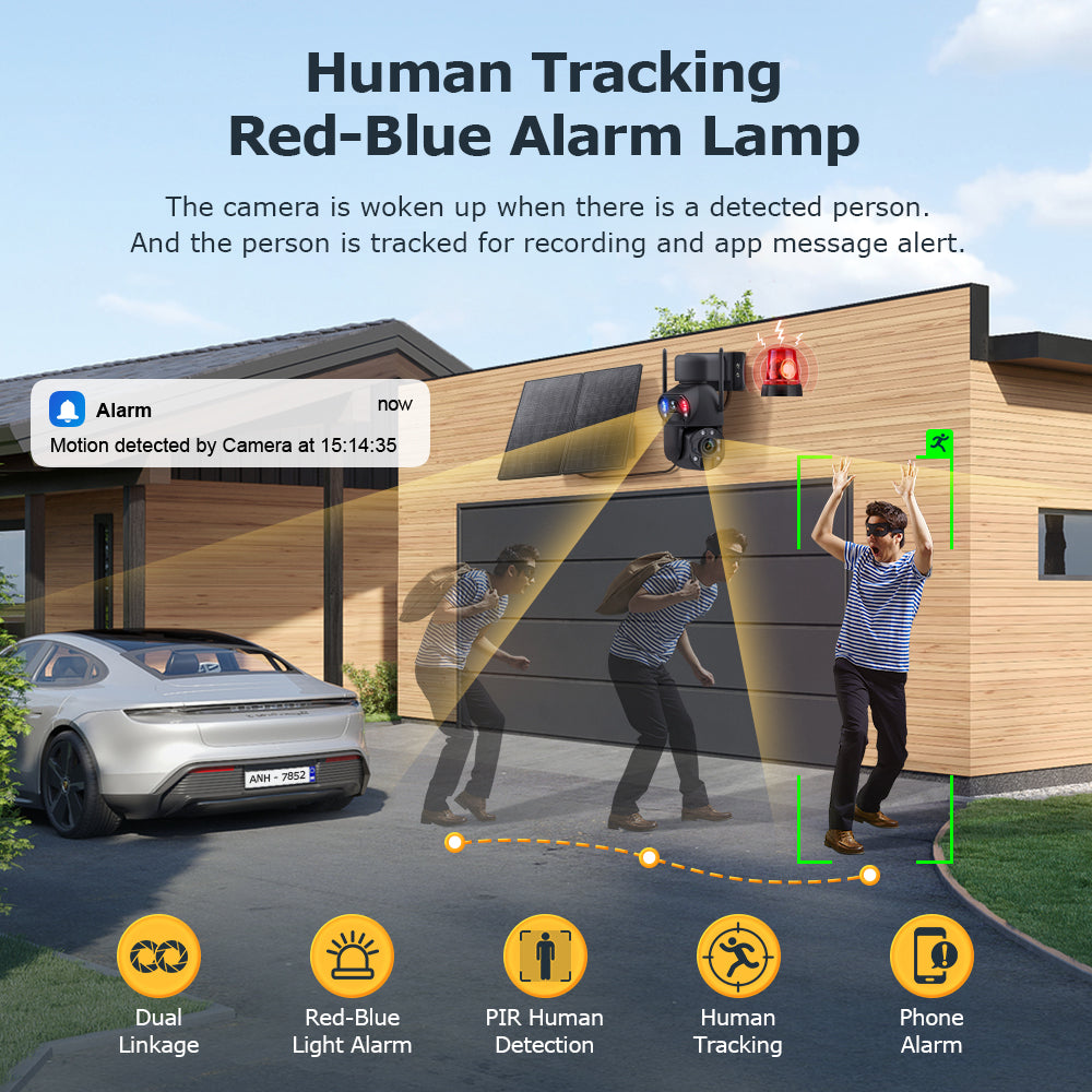 A solar security camera with red and blue alarm lights mounted above a garage, detecting a person outside.