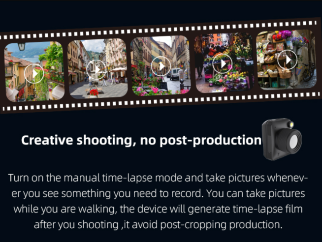 Black compact camera with a large lens next to a filmstrip showing four colourful street and flower scenes.