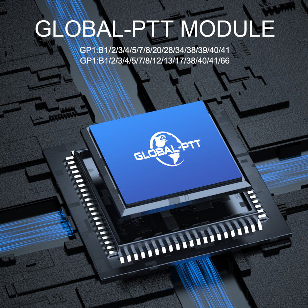 Close-up of a single blue GLOBAL-PTT microchip mounted on a black circuit board with blue data traces.