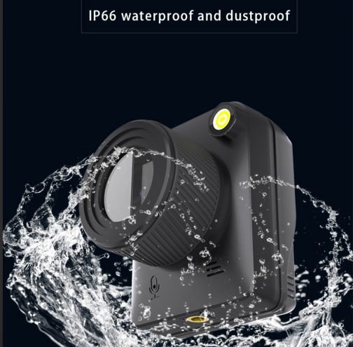 Black square time lapse camera with large lens, yellow button, and water splashing to show waterproof feature.