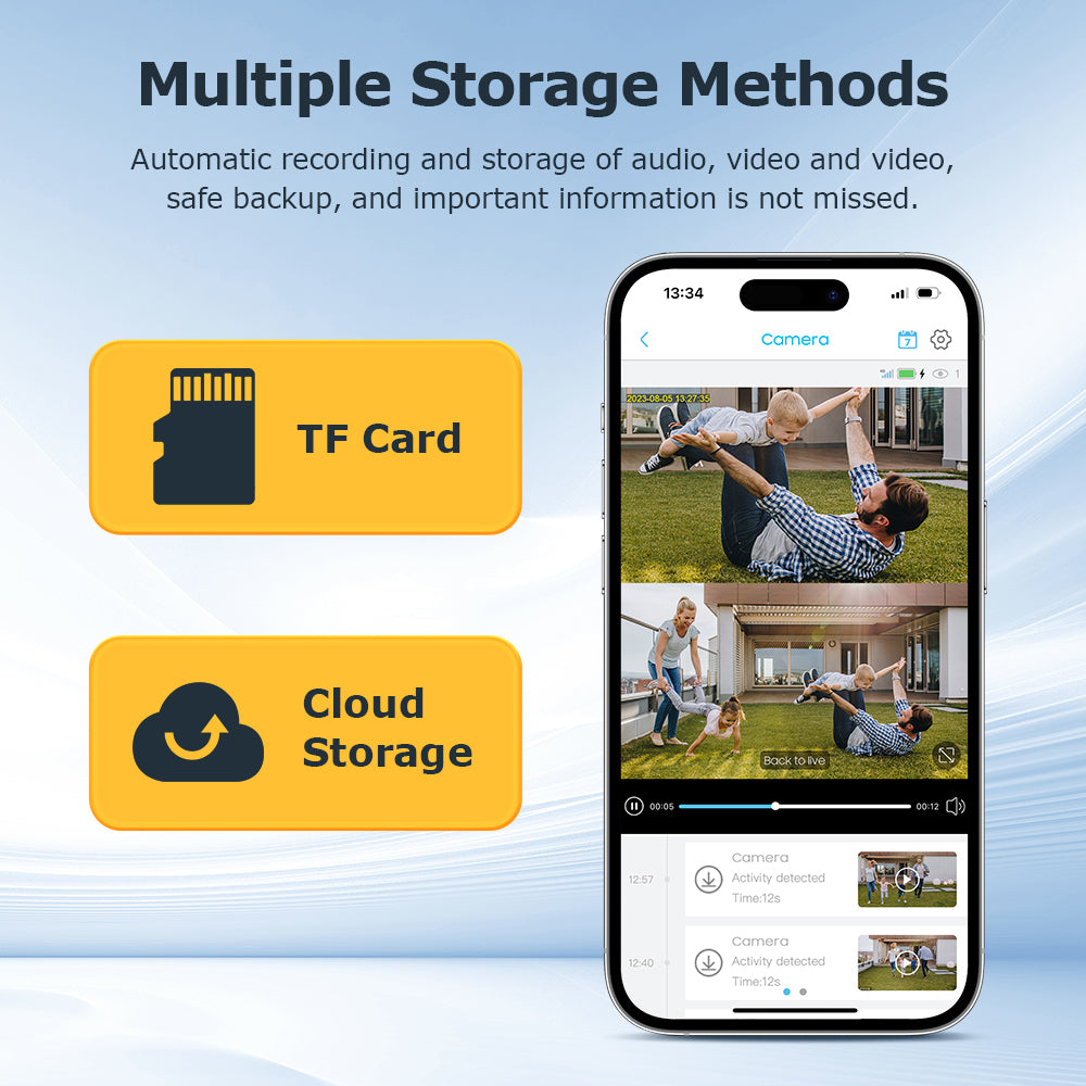 Smartphone displaying home security footage with TF card and cloud storage icons on a blue background.