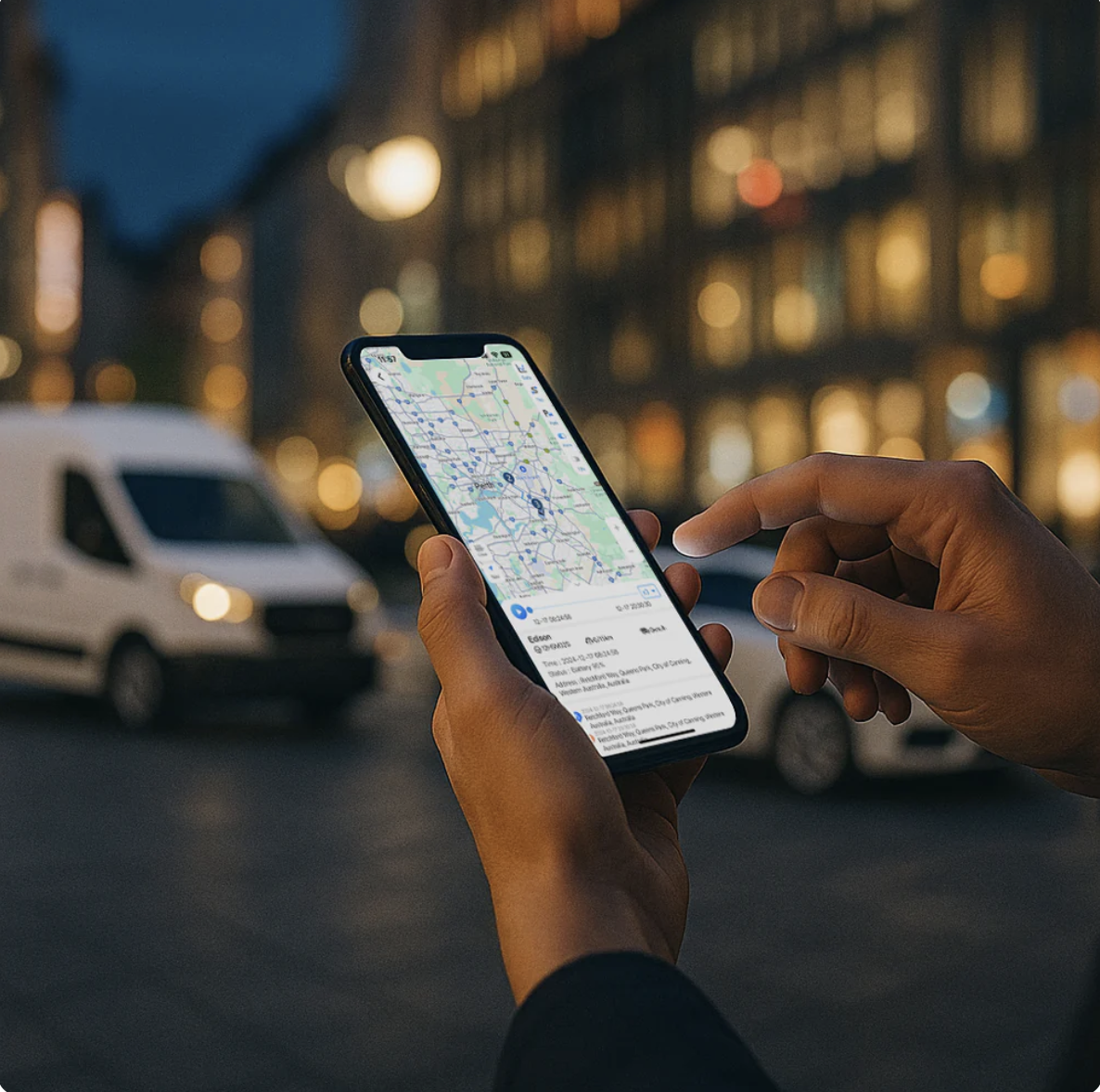 Two hands holding one smartphone displaying a city map at night with a blurred white van and street lights.