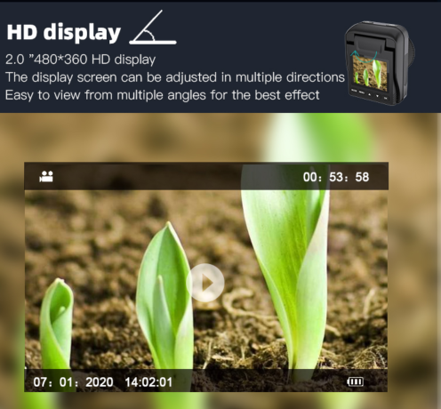 Close-up of a camera screen displaying green plant sprouts emerging from soil, with time lapse controls.
