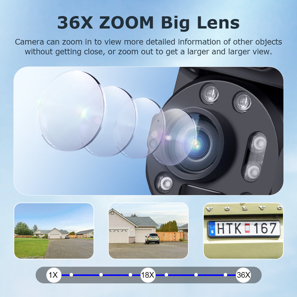 Close-up of a black camera lens with glass elements, and three zoomed images showing increasing detail of a house and car plate.