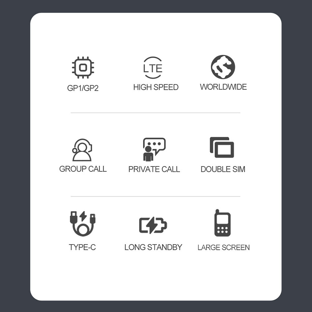 White tile showing nine grey communication icons with labels including LTE, GP1/GP2, Double SIM, Type‑C.