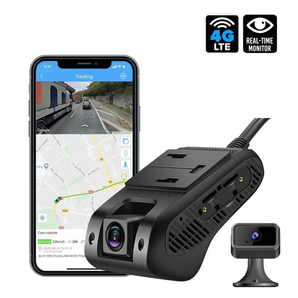 The black front and rear dash cameras positioned beside a mobile phone demonstating the app view. - Sentriwise