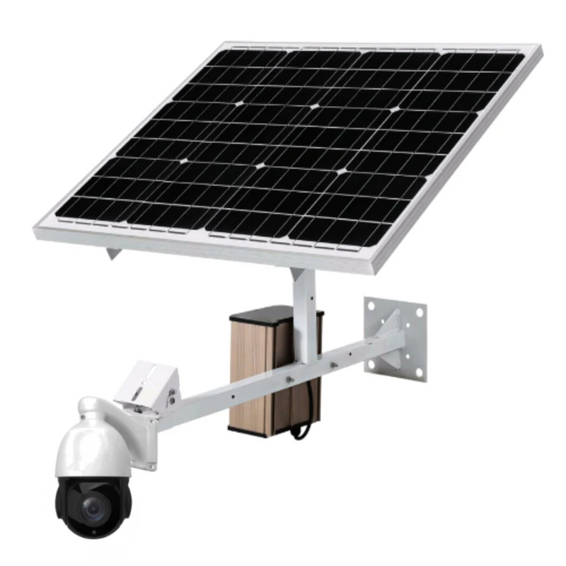 The optional solar panel add-on connected to the primary outdoor security camera device. - Sentriwise