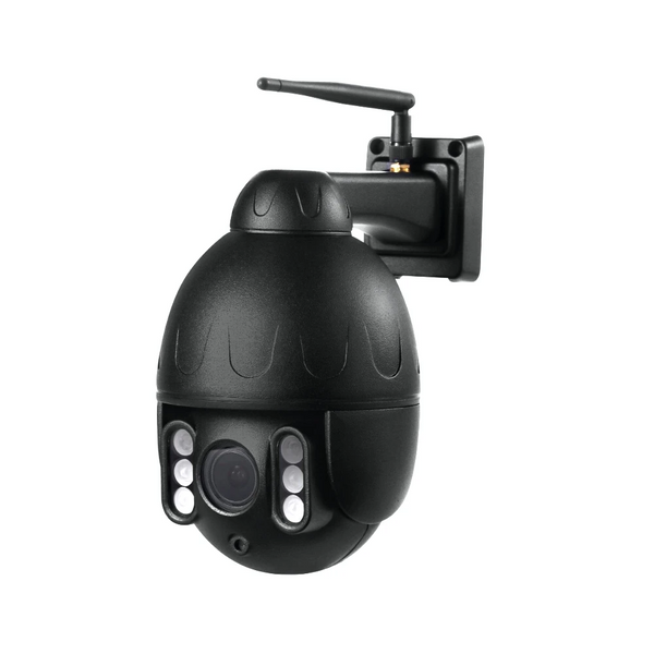 Black spherical outdoor security camera on mount - Diagonal facing. - Sentriwise
