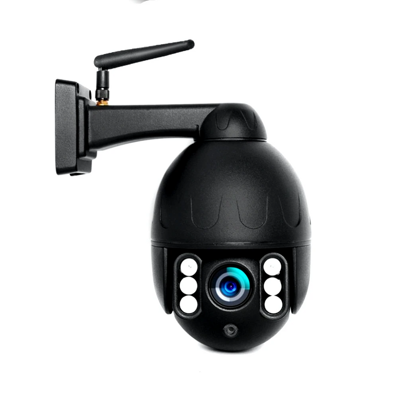 Black spherical outdoor security camera on mount - Forward facing.