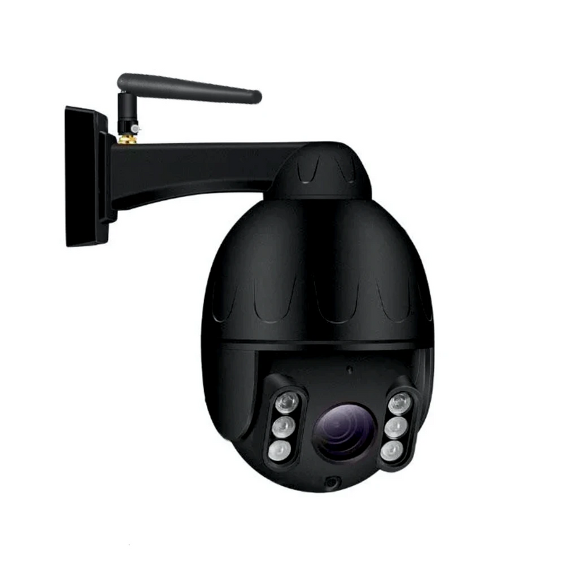 Black spherical outdoor security camera on mount - Diagonally downward facing.