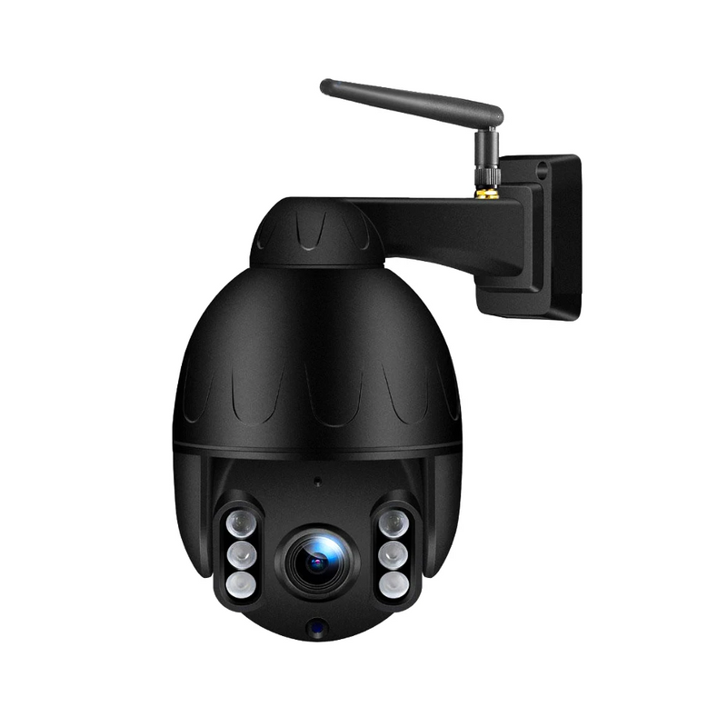 Black spherical outdoor security camera on mount - Secondary forward facing view.