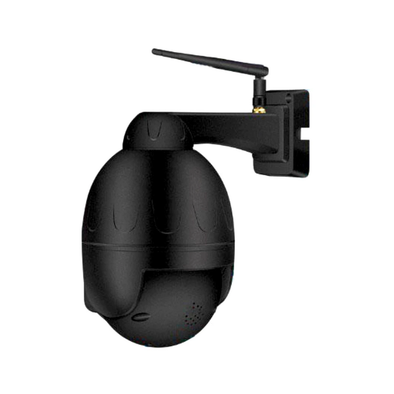 Black spherical outdoor security camera on mount - Diagonal rear view.