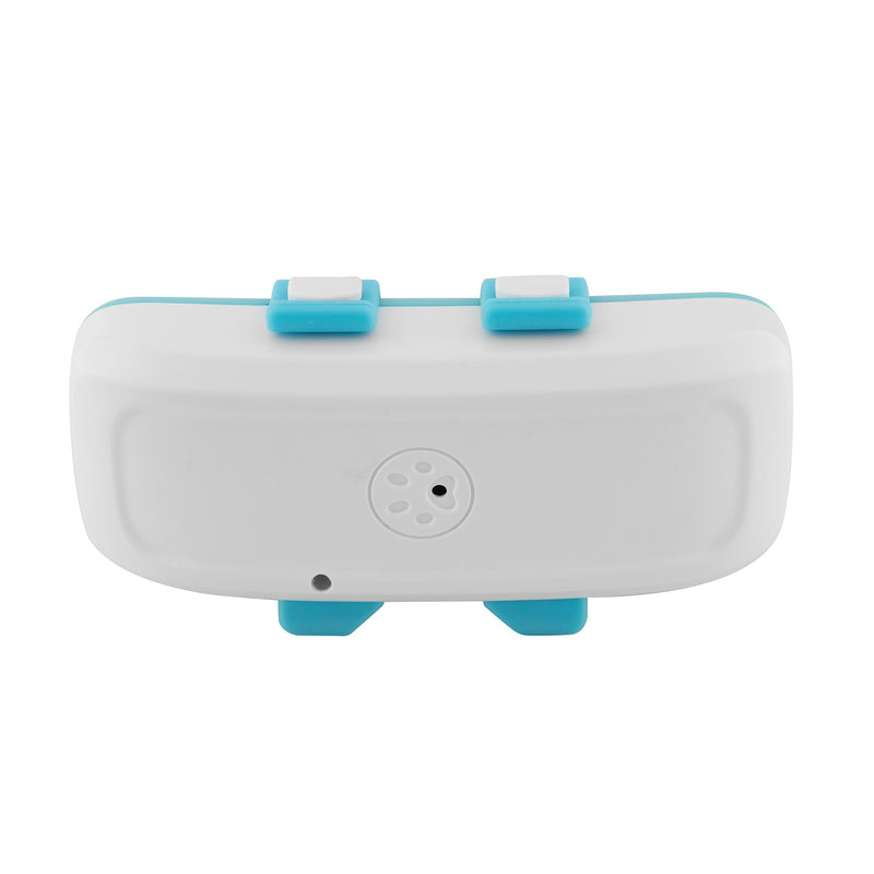 A compact white with blue accents collar-sized GPS Tracker for Pets  - Angled Down View - Sentriwise