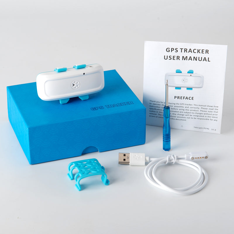 The GPS Tracker surrounded by all the products found in the box, including device, collar mount, charging cable, manual and SIM Card access screwdriver. - Sentriwise