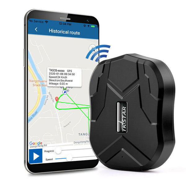 Black GPS Tracker with TKSTAR Logo stood beside a smartphone displaying live tracking in the Winnes App. - Sentriwise