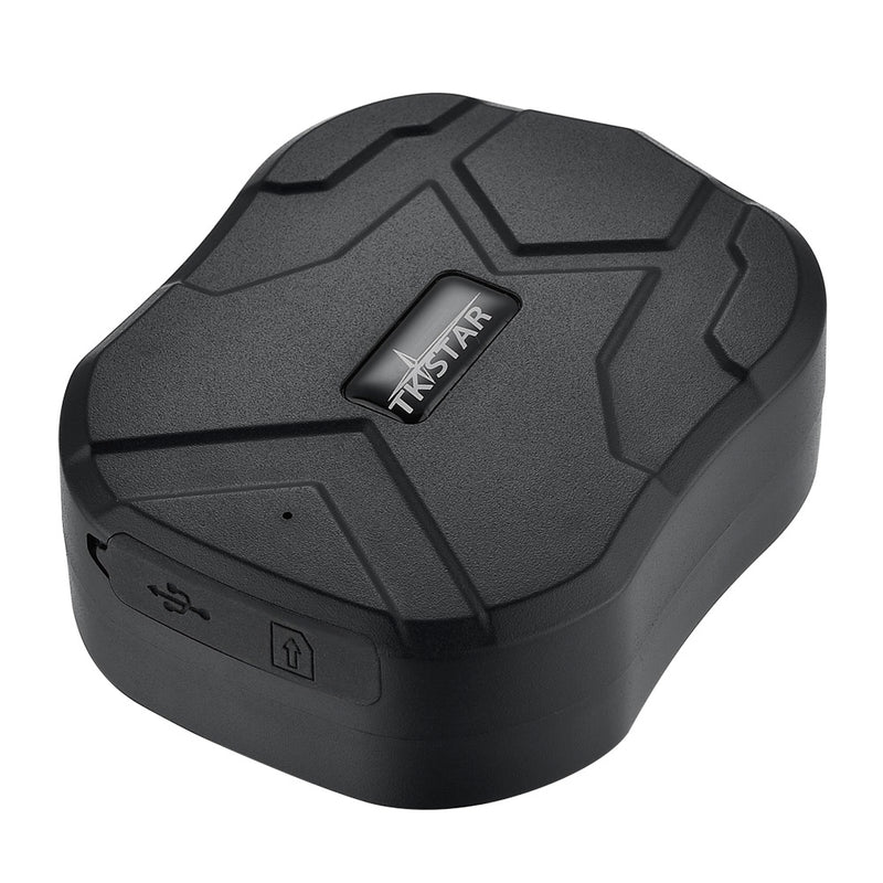 Black GPS Tracker angled view displaying the rubber-sealed charging and SIM port. - Sentriwise