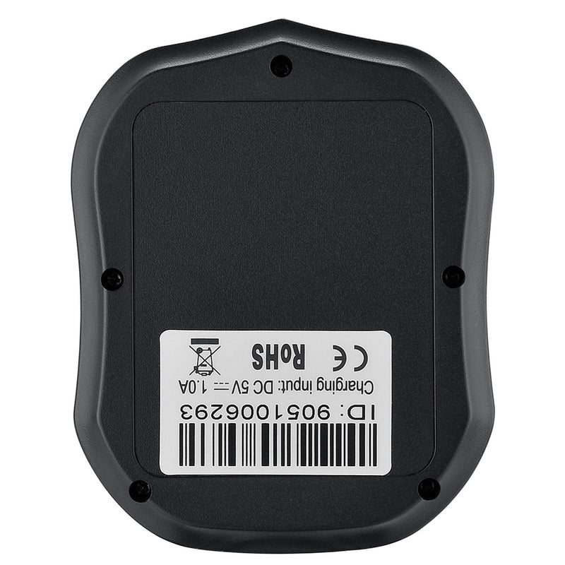 Black GPS Tracker underside showing screw locations and device unique ID position. - Sentriwise