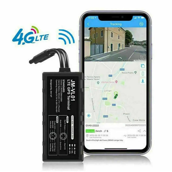Black GPS Tracker with wires shown alongside smartphone displaying the Tracksolid Pro app. - Sentriwise